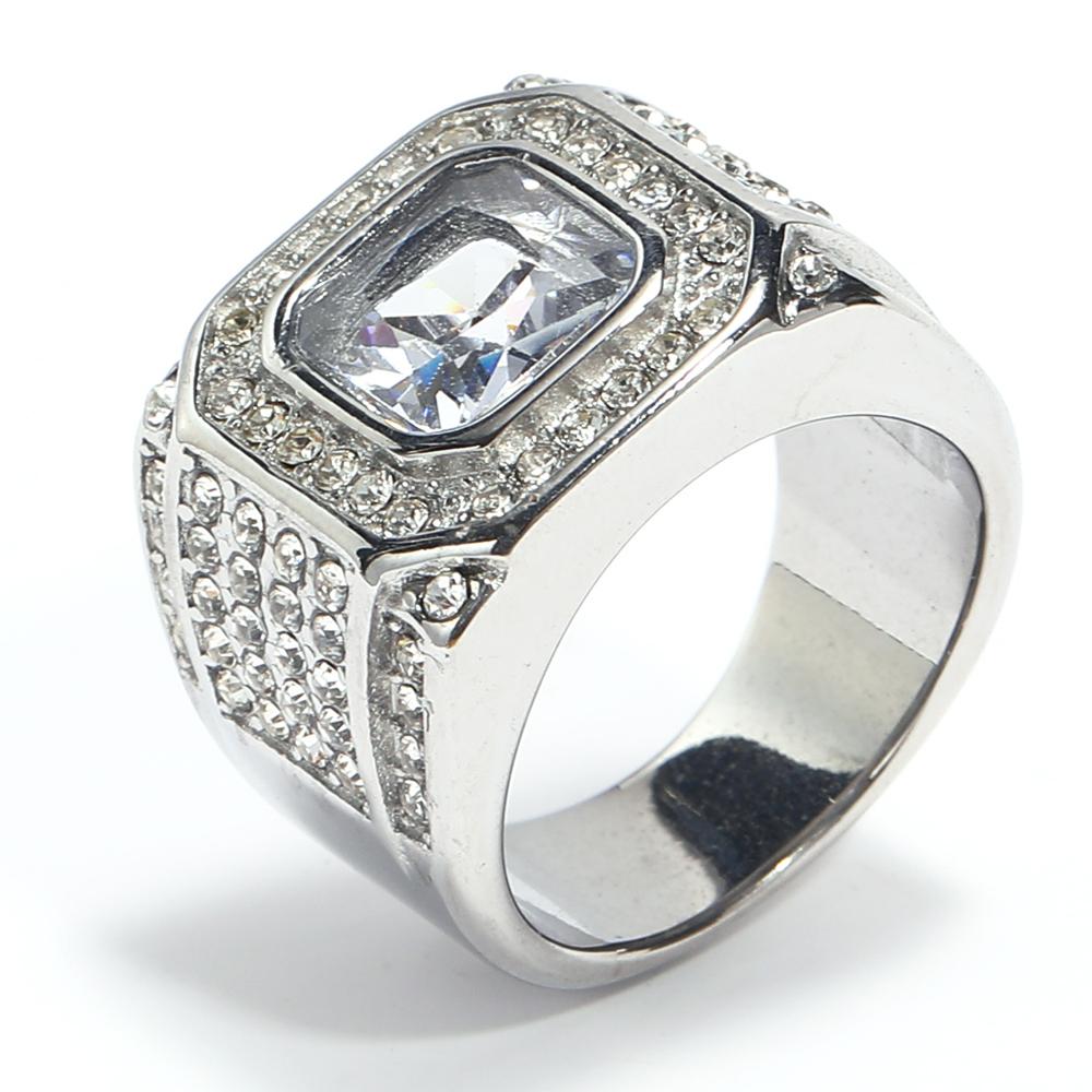 Full Diamond Square Ring for Men Titanium Steel Bling Iced Out Hip Hop Jewelry Luxury Cubic Zirconia Ring