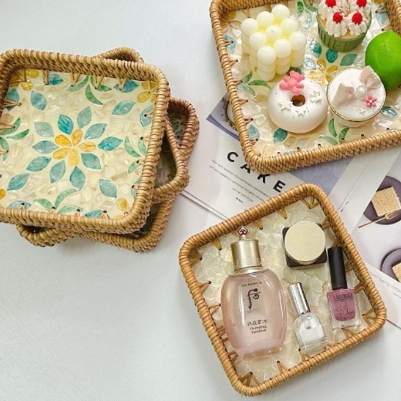 Colorful Shell Rattan Woven Tray Creative Handmade Fruit Plate Jewelry Storage Tray Home Counter Decoration