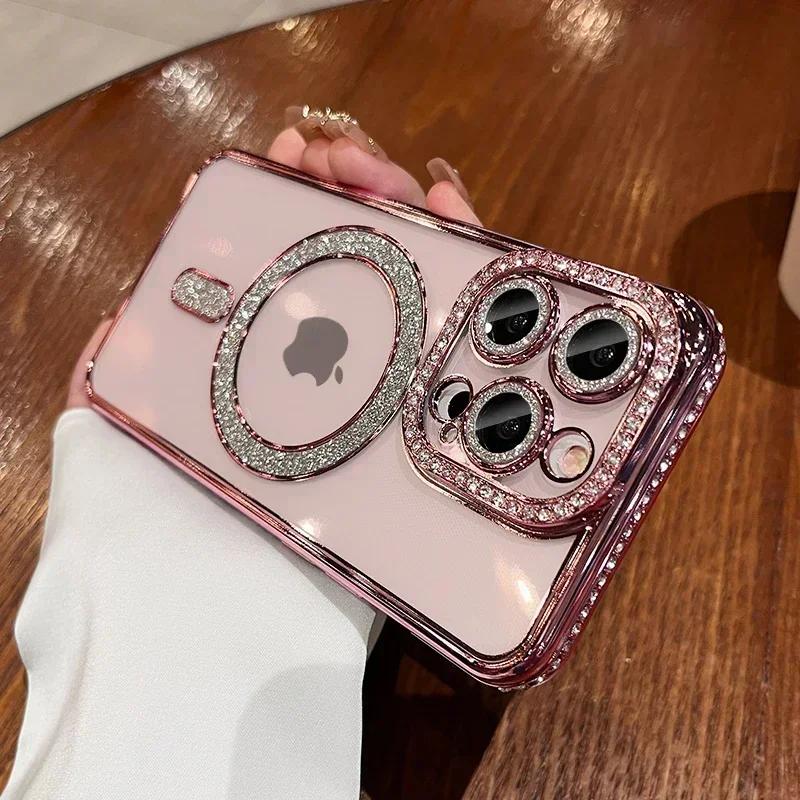 Fashion Crystal Diamond Magnetic Clear Case For iPhone 16 15 14 13 12 11 Pro Max 16 Plus Magsafe Wireless Charge Silicone Cover