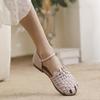 Johnature Hand Woven Cowhide Flat Sandals Retro Genuine Leather Round Toe Soft Soled Women's Shoes