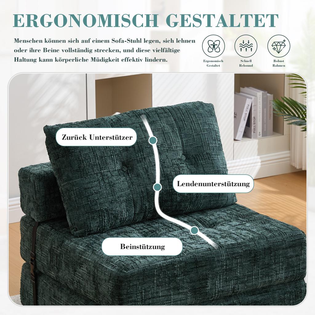 Foldable Sofa Bed with Cushions, Foldable Mattress with Backrest, Comfortable Floor Sofa for Living Room and Bedroom (Dark Green Chenille)