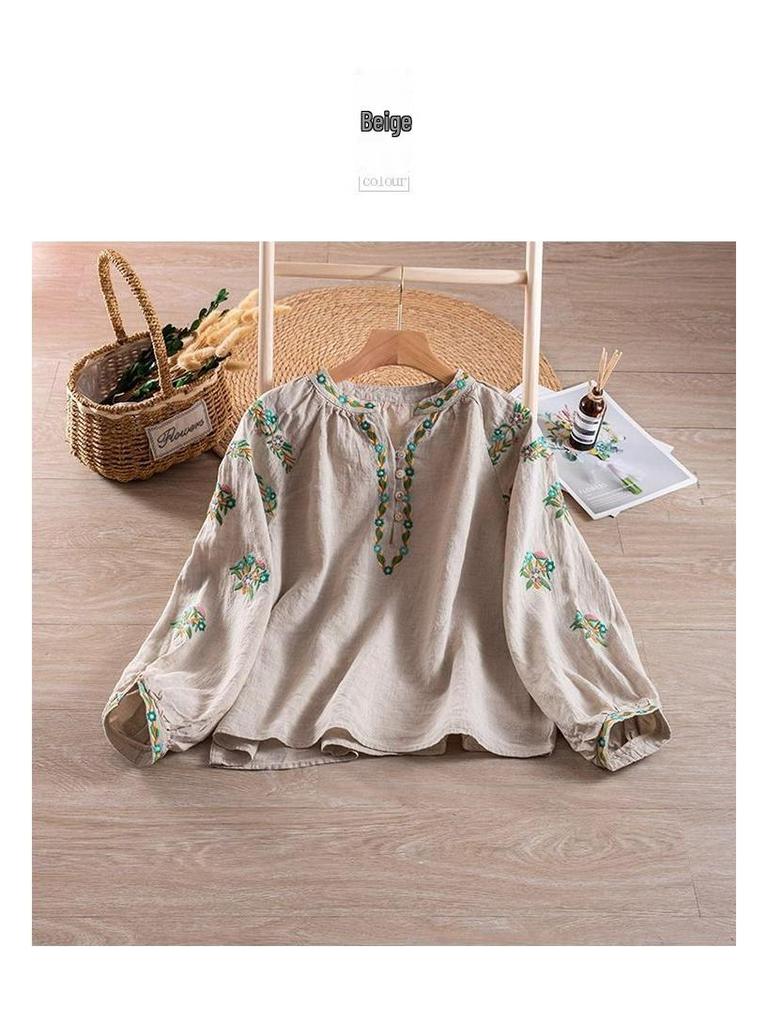 Damen Retro Bestickte V-Ausschnitt Baumwolle Leinen Bluse