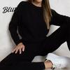 Women Commuter Suit 2 Pcs/Set Top Pants Knitted Round Neck Long Sleeves Plus Size Solid