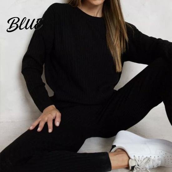 Women Commuter Suit 2 Pcs/Set Top Pants Knitted Round Neck Long Sleeves Plus Size Solid