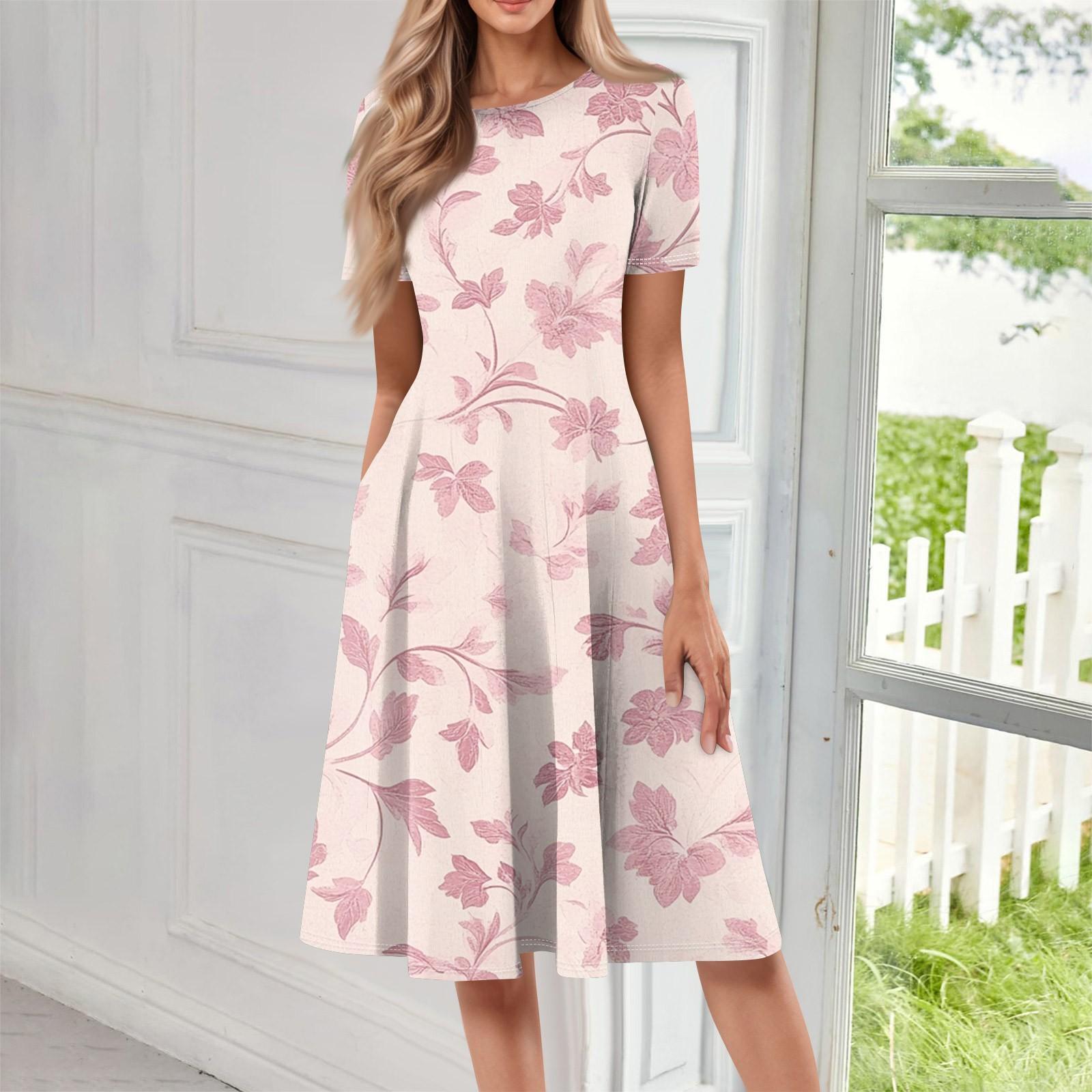 

Жіноча вільна повсякденна та модна сукня середньої довжини з круглим вирізом і короткими рукавами з принтом XL