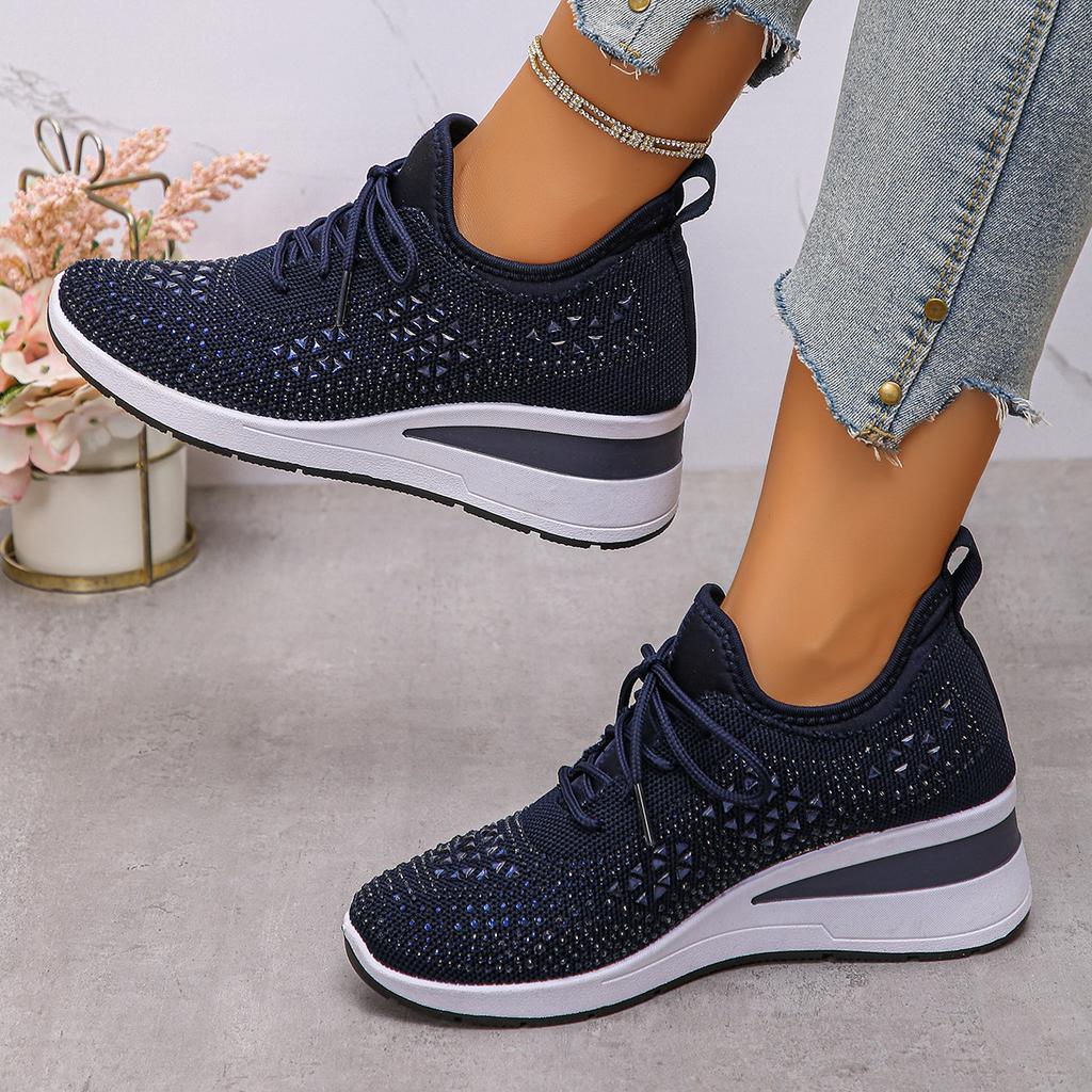 Fashion Women's Shiny Rhinestone Wedge Sneakers Breathable Knit Non Slip Walking Shoes Woman Plus Size Fashion Thick Sole White Sneakers