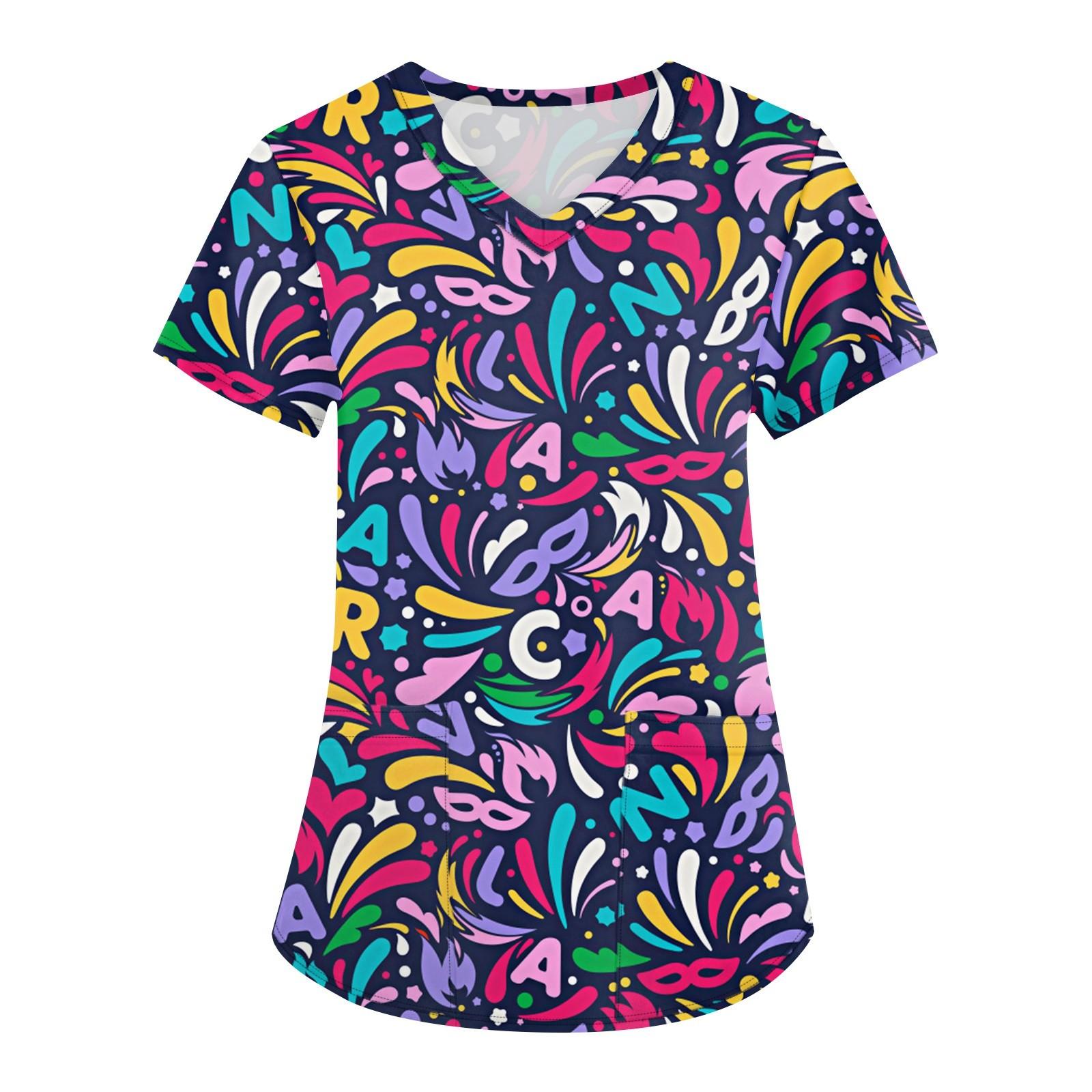 

Плюс Размер Печатный Рабочий Униформа Топы Для Женщин Крест V-образный Вырез Карнавальный Принт Короткий Рукав Забавные Футболки Рабочая Одежда Футболка С Карманами XL небесно-голубой