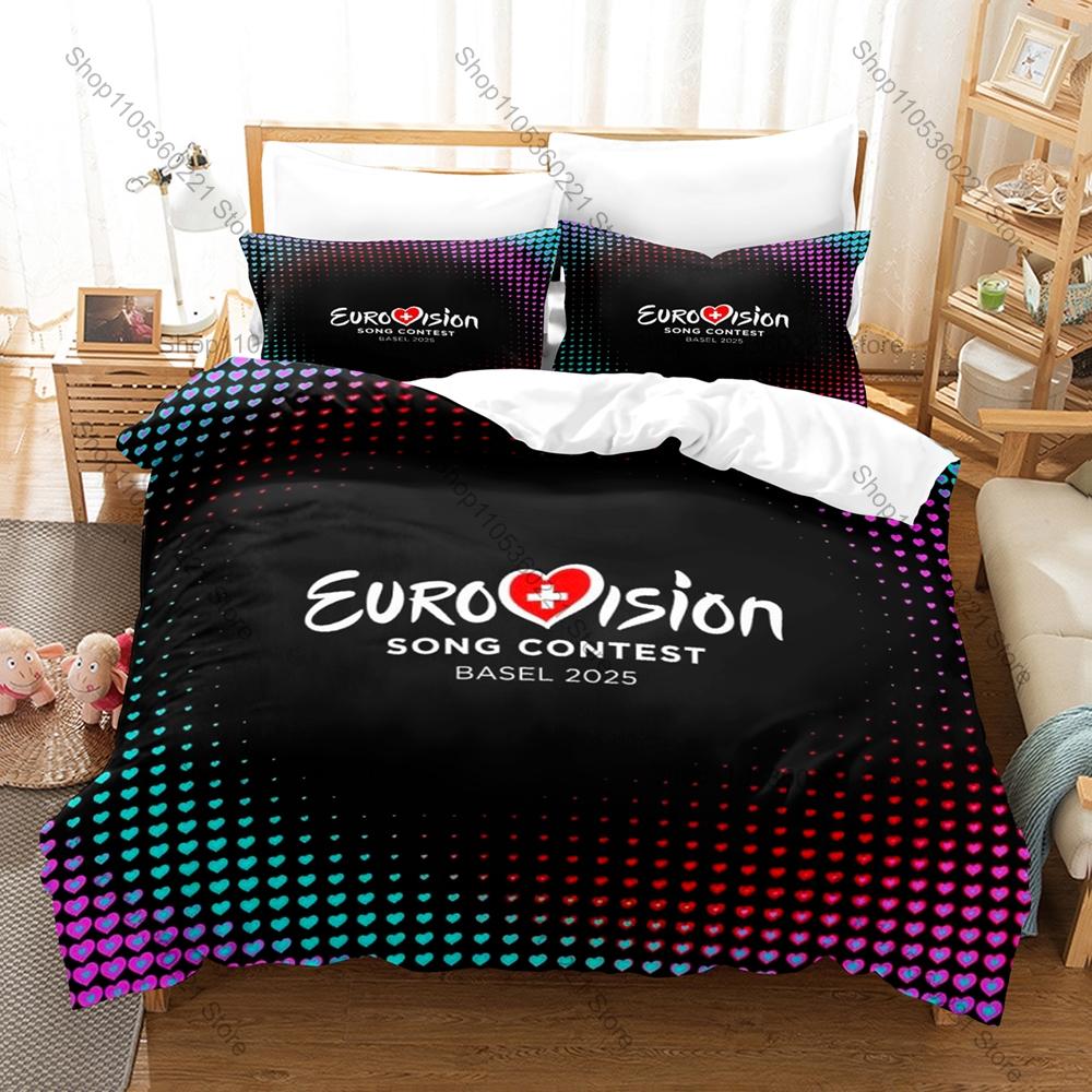 Copripiumino con Stampa al Neon del Palco a Onda Sonora Arcobaleno Logo Eurovision Classico + 2 Federe Set Biancheria da Letto 3 Pezzi Eurofans