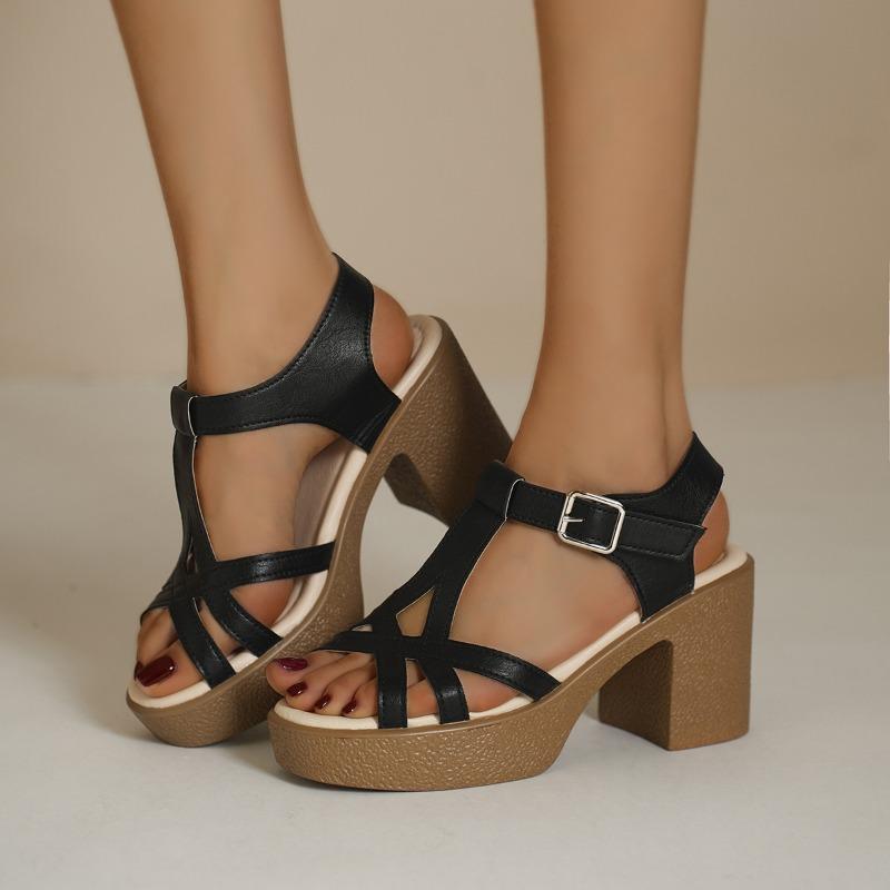 Summer New Solid Color Fish Mouth Block Heel One Line Buckle High Heel Casual Women's Sandals