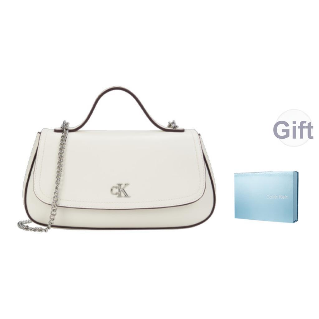 Calvin Klein Elegant Commuter Letter Shoulder Chain Mixed Material Tote Bag Small Women Handbags Lily-White 4F3282G-FUP