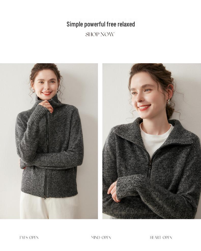 2025 Retro Cashmere Lapel Cardigan: Chunky Knit Short Zipper Sweater for Autumn/Winter