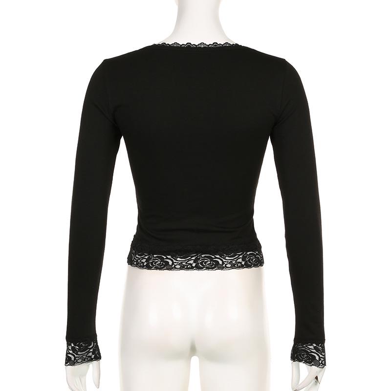 Sexy U-Neck Lace Bow Slim Fit Long Sleeve Y2K T-Shirt for Spring & Autumn
