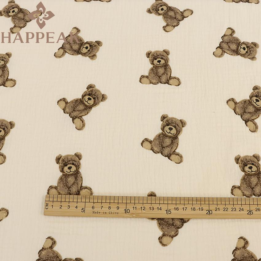 HAPPEAK Muslin Crinkle Bear Printed Soft Cotton Double Layer Gauze Fabric for Baby Blanket Craft Making