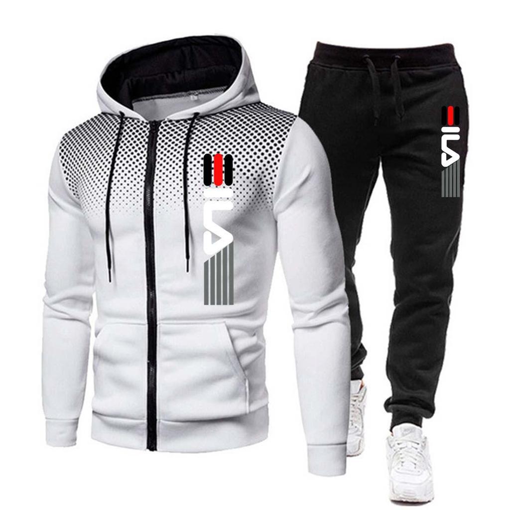 2024 Men's Polka Dot Fleece Hoodie & Sweatpants Set - Casual European & American Autumn/Winter Activewear