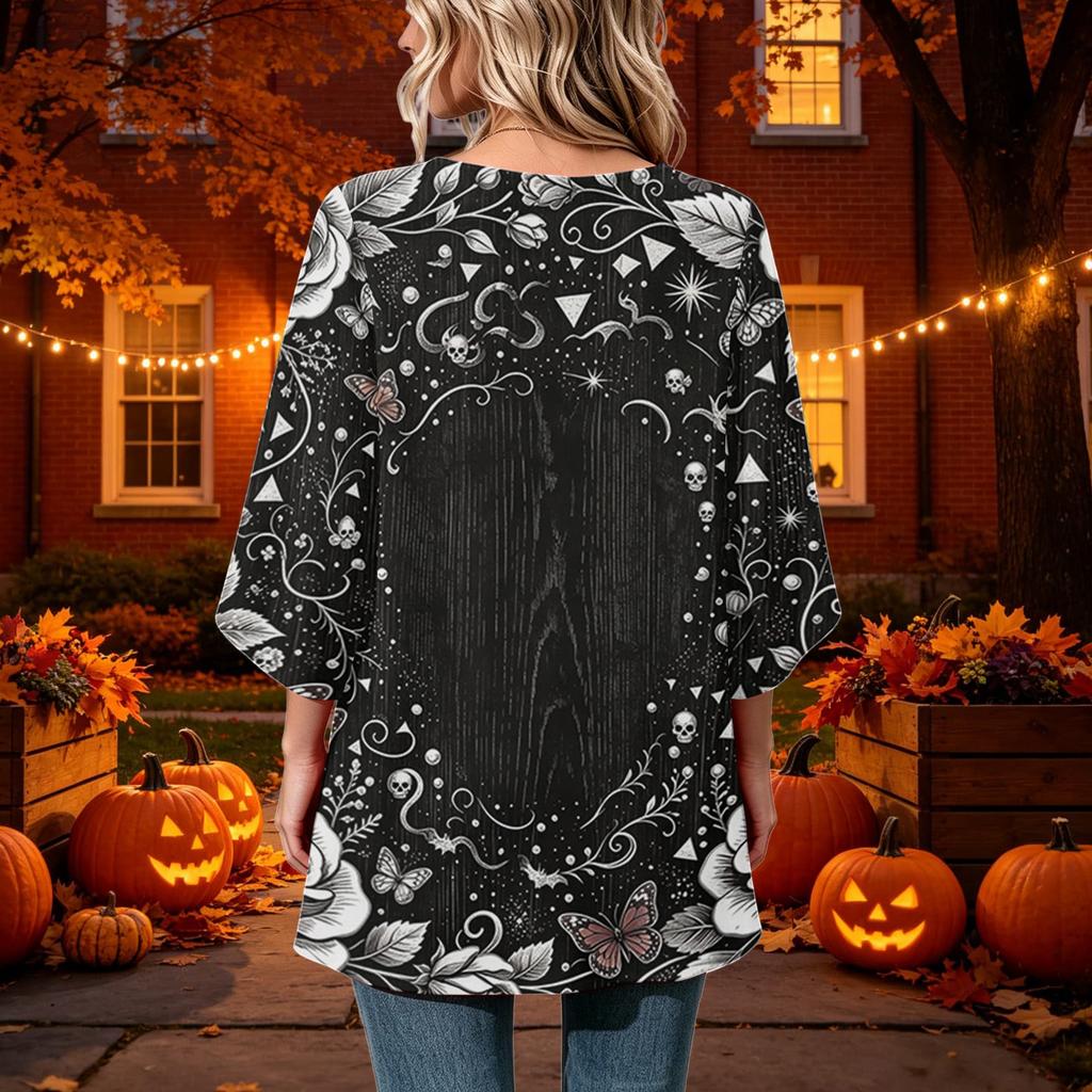 Women's Halloween Printed Casual Loose Fit Top with Three-Quarter Sleeves and Round Neck