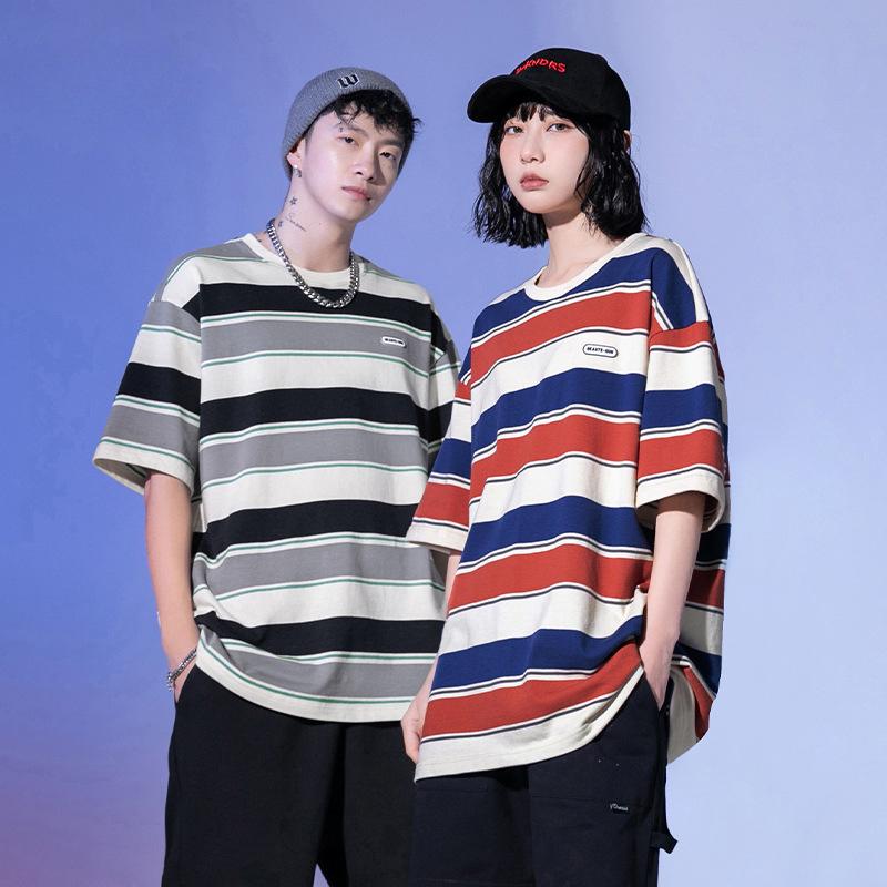 Main Striped Couples T-shirts for Men and Women Summer Loose Contrast Color Short Sleeve Shirt for Unisex