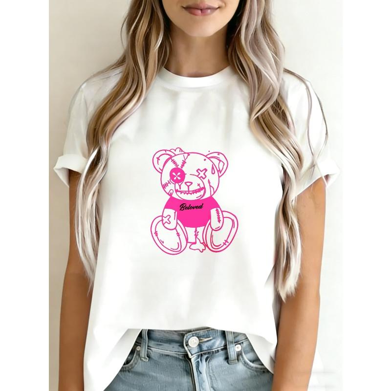 

Crewneck T Shirt White Pink Teddy Bear With Beloved Text Graphic Print Casual Everyday Wear XXXXL білий