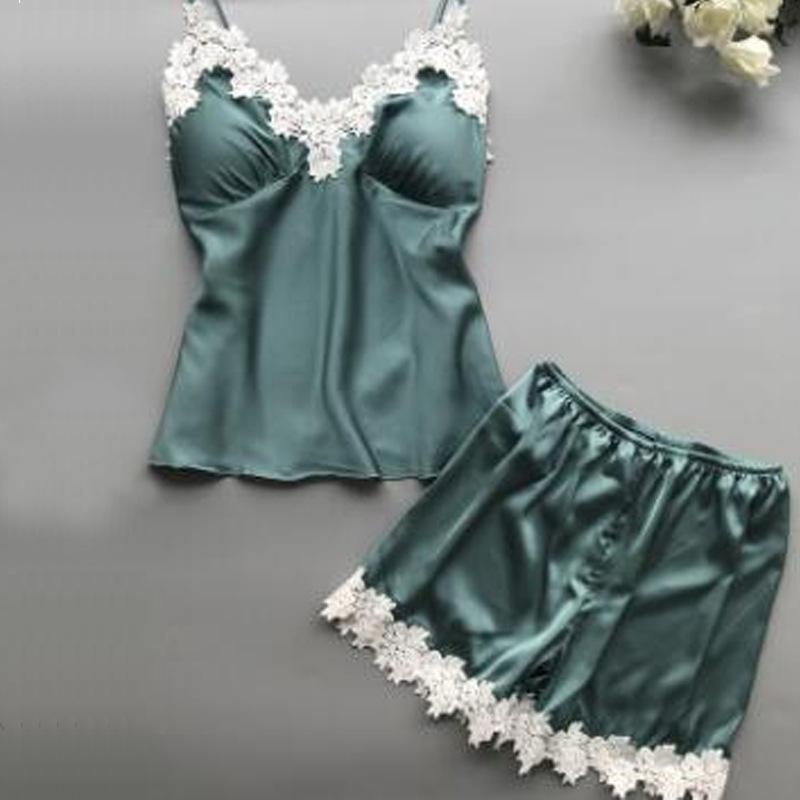 Damen Spitzen-Pyjama-Set Seide Rüschen Sexy 2-teiliger Schlafanzug mit Pyjamashorts Satin Sommer Kurze Schlafsets für Damen