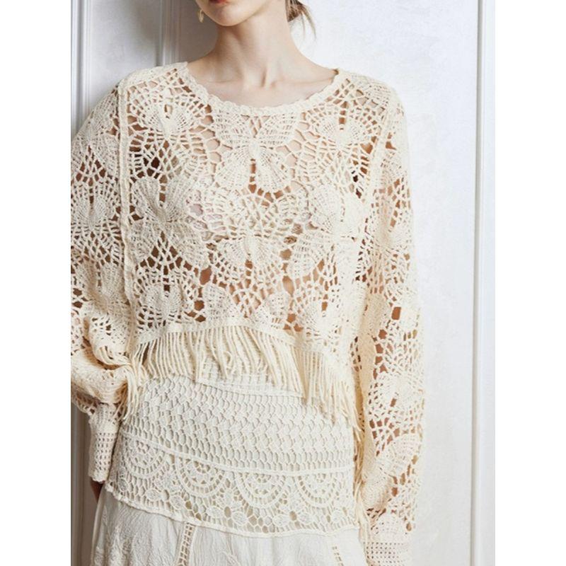 And American Autumn New Round Neck Crocheting Butterfly Hollow Tassel Short Loose Long Sleeve All-Match Cover Up Sun Protection Clothing Women
