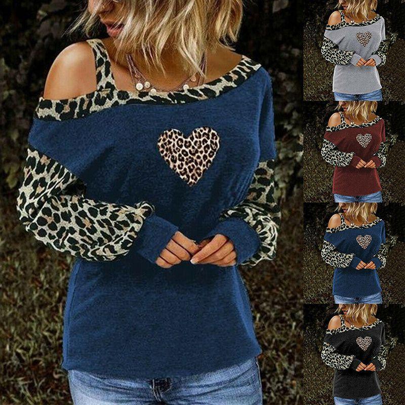 Leopard Womens Print Cold One Shoulder Tshirt Blouse Long Sleeve Casual Tops