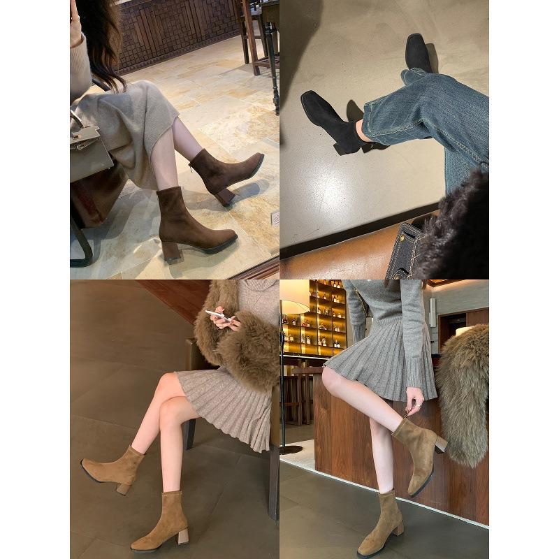 Classic temperament square head rear zipper ankle boots thick heel short boots women's high heel thin boots