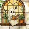 Halloween Acrylic Suncatcher Adorable Ghost Reading Book Pendant Black Cat Teacup Spooky Window Hanging Decoration for Home Parties Festivals