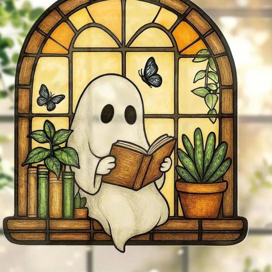 Halloween Acrylic Suncatcher Adorable Ghost Reading Book Pendant Black Cat Teacup Spooky Window Hanging Decoration for Home Parties Festivals