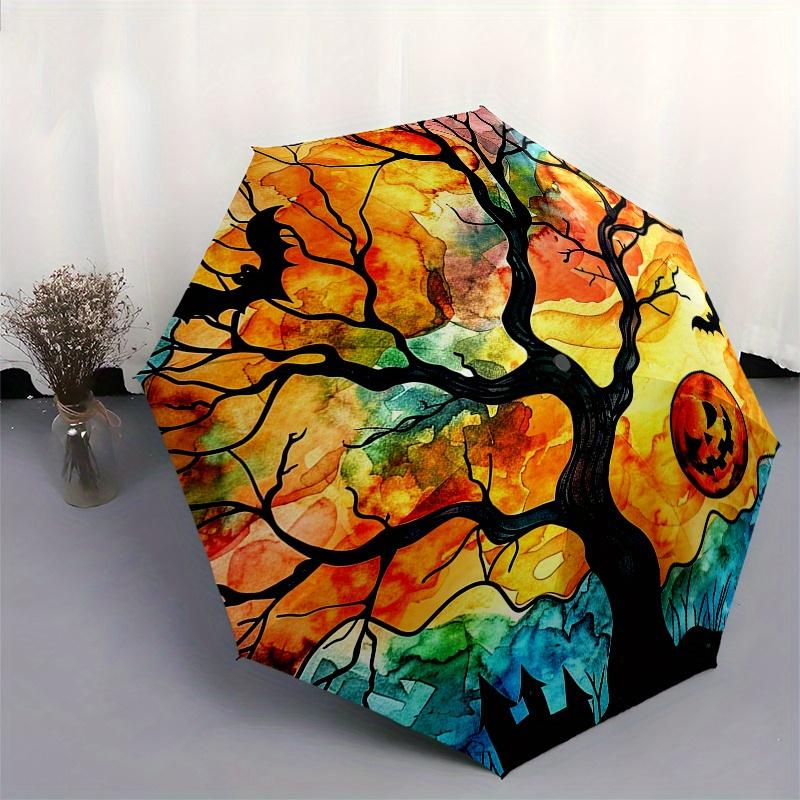 Halloween Tree with Jack-o'-lantern and Bats Watercolor PrintUmbrella, Portable 3-Fold Compact Umbrella,Christmas Gift ES599