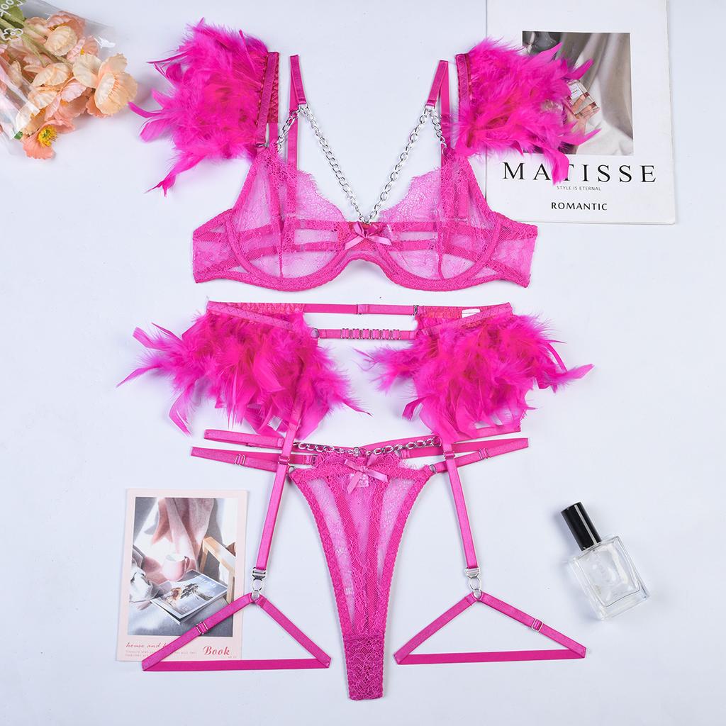 Women Sexy Exotic Set Feather Lace Lingerie Bra Set Elegant See Through Underwear Party Club Micro Bikini Thong Exotic Apparel