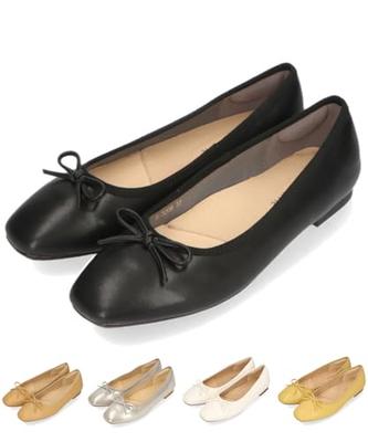 Oriental Traffic R-3208 Women's Ballet Flats, Jump Pumps, Plus and Petite Sizes, Soft Flats, Round Toe, Ribbon, Cushioned, Smooth Black, Size 24.0 Cm