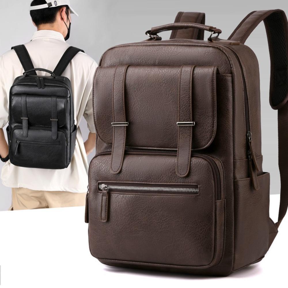 High Quality PU Leather Men's Backpack Solid Color Waterproof Computer Laptop Bag Durable Casual Travel Bag