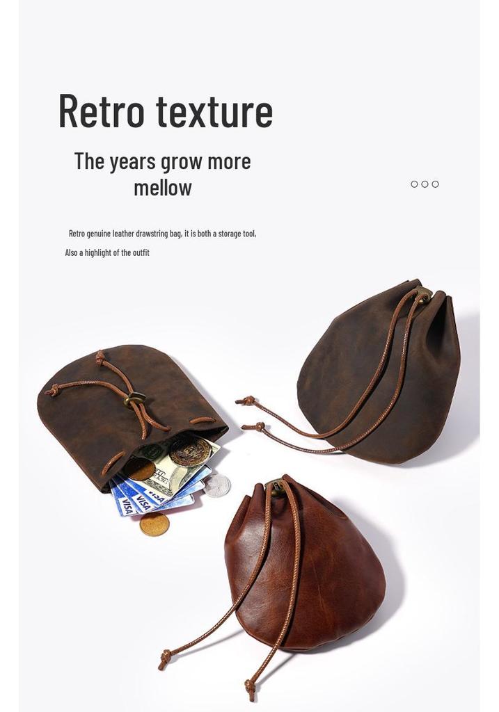 Genuine Leather Drawstring Coin Purse - Cowhide Storage Bag & New Year's Lucky Wallet.