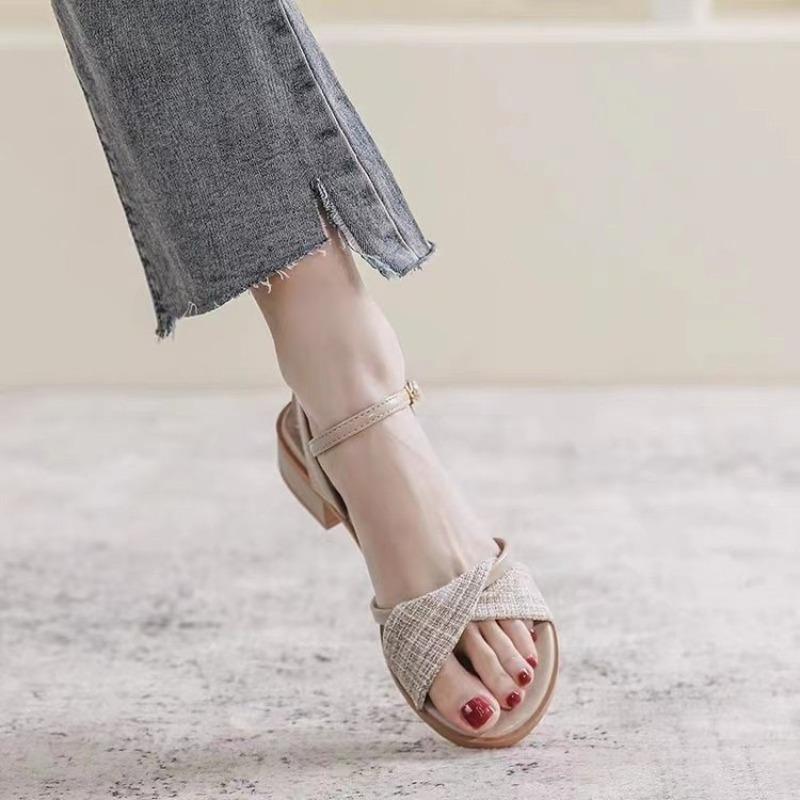 Fashion Fashion Retro Roman Sandals Womens 2025 Summer New Mid-Heel One-Word Buckle Womens Sandals Lady Style High Heels Women