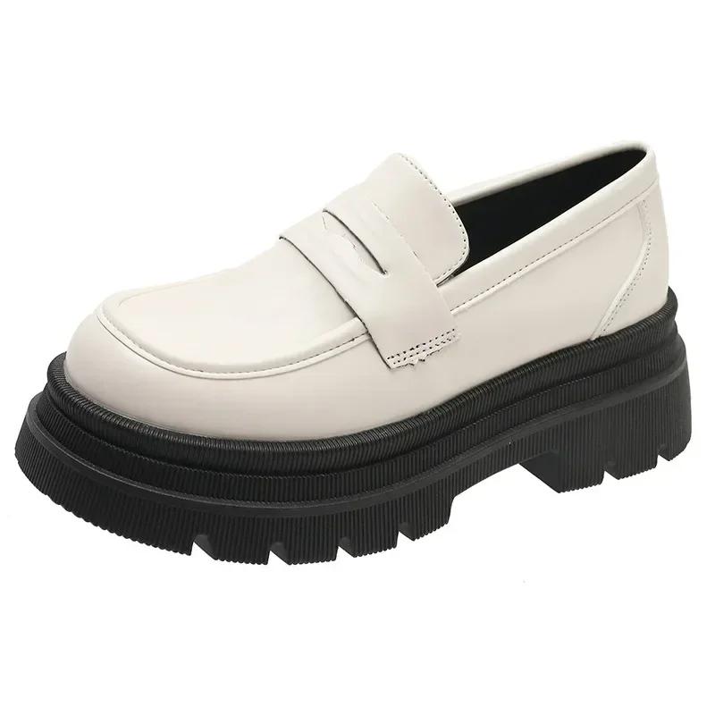 

Black Shallow Mouth Casual Woman Shoe Slip on Autumn Oxfords Female Shoes Loafers with Fur British Style Platform Round Toe 36