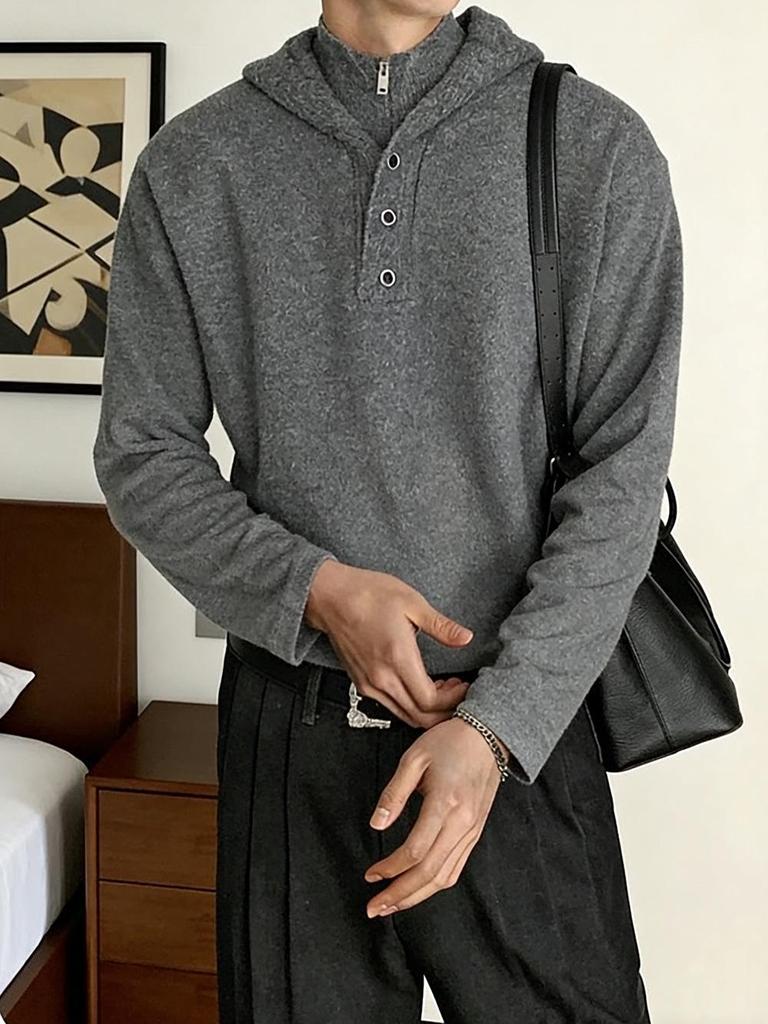 Men's American Style High Neck Two-Piece Button-Up Knit Hoodie: Korean-Inspired Warm Autumn/Winter Sweater for Couples