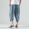 Estilo chinês verão bezerro comprimento casual calças masculinas perna larga algodão linho harem calças largas