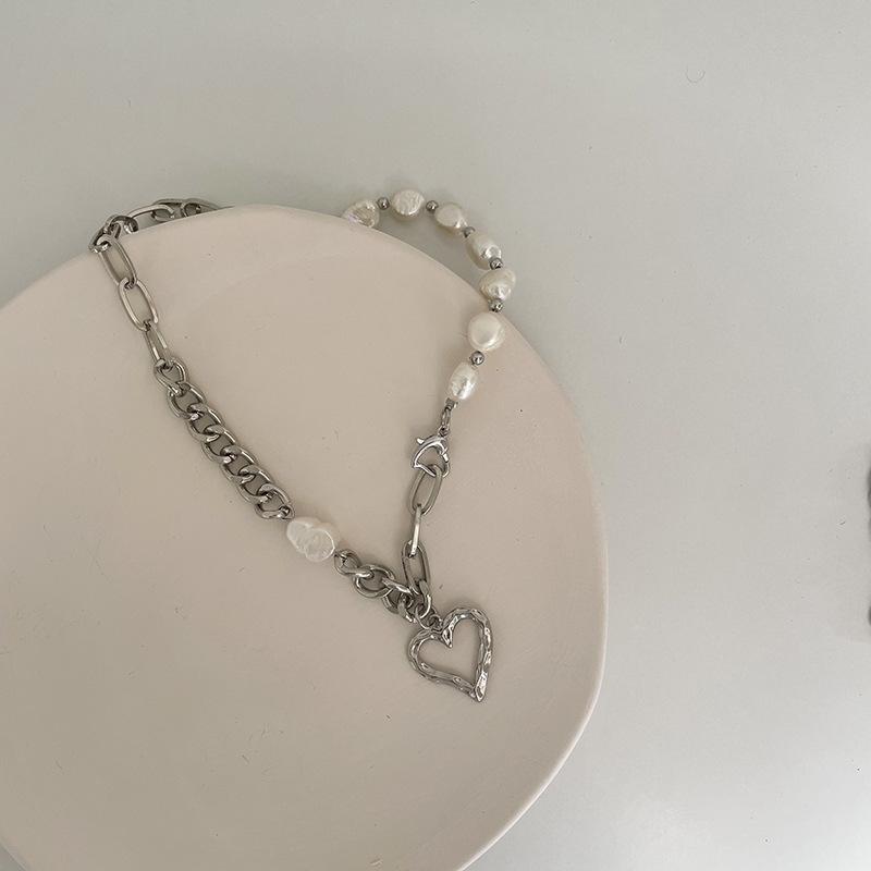 Korean patchwork choker necklace - minimalist, asymmetrical pearl & heart cutout design