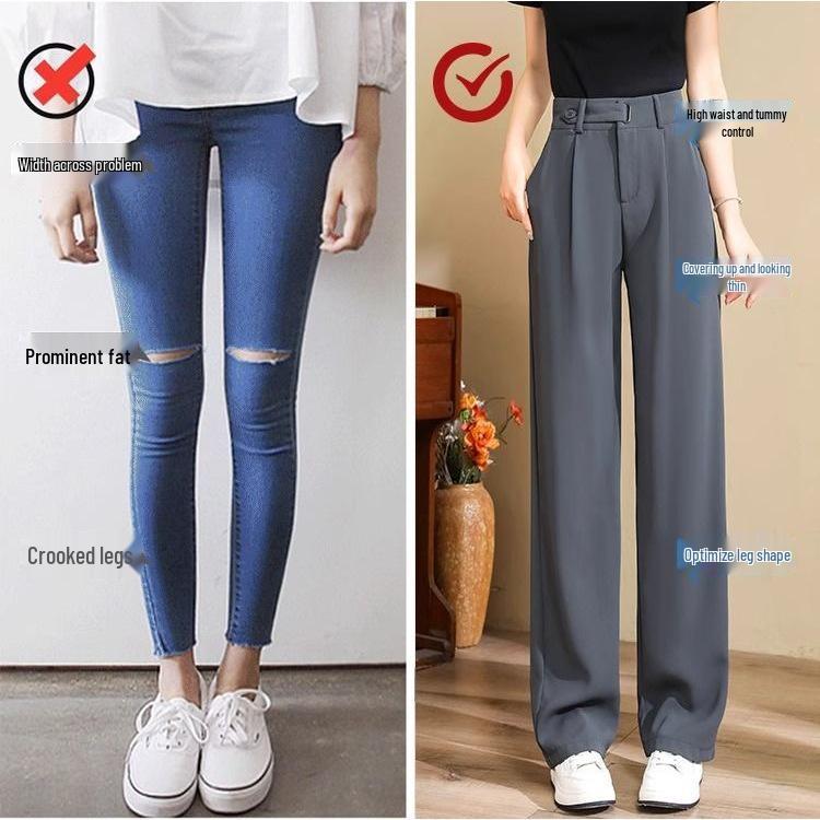 Women's Ice Silk Gray Slimming Wide-Leg Pants - Draped Summer Style