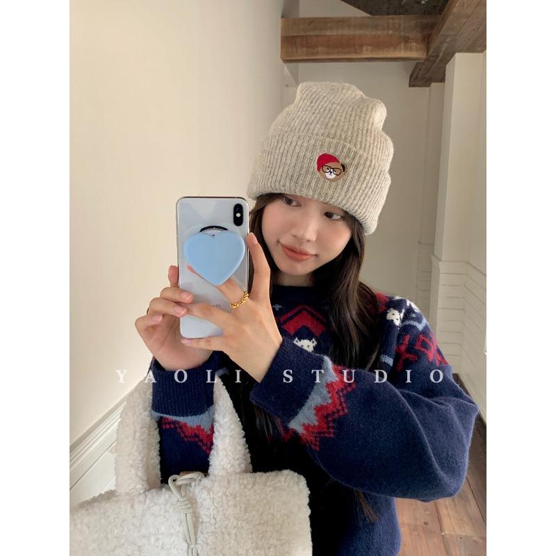 Autumn and Winter Thickened Warm Glasses Puppy Embroidered Knitted Woolen Hat for Women Korean Style Cold Proof Face Showing Small Pullover Hat