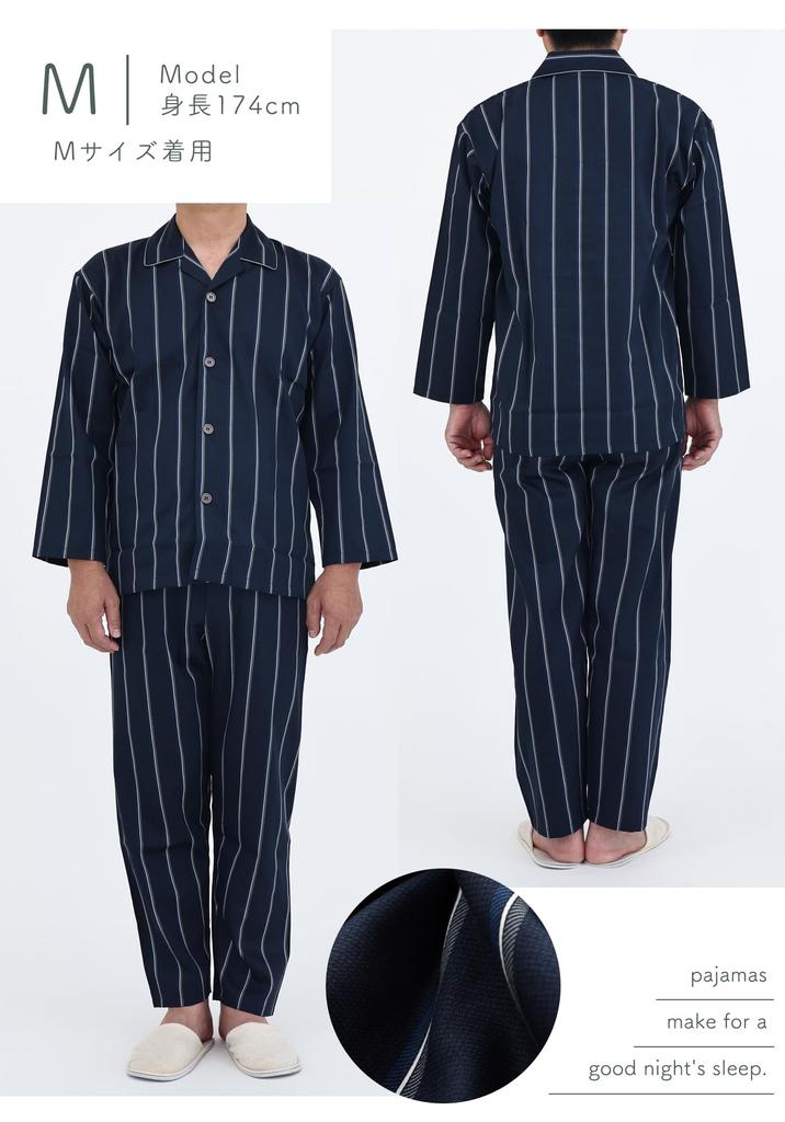 Kaitak Family Pajama Made in Japan by Japanese Long Cotton Sizes Navy Men's Shirt, Craftsmen, Sleeve, 100% Satin, Striped, Spring/Autumn, M/L (L,