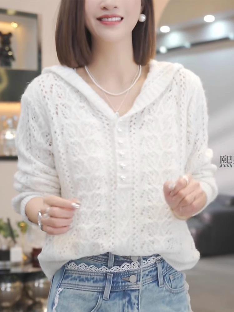 Women's Long Sleeved Shirt Hollow Hooded Knitted Sweater for Spring and Summer Women's Hollow Sweater