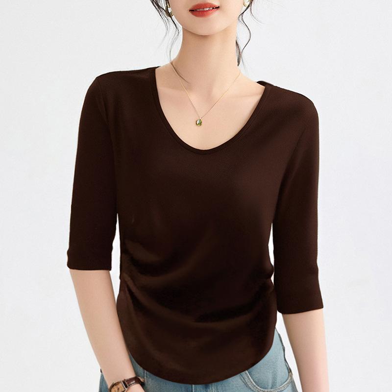 Ankela heart-neck top women's five-quarter sleeve light ripe spring and autumn waist pinch pleated basic bottoming shirt short
