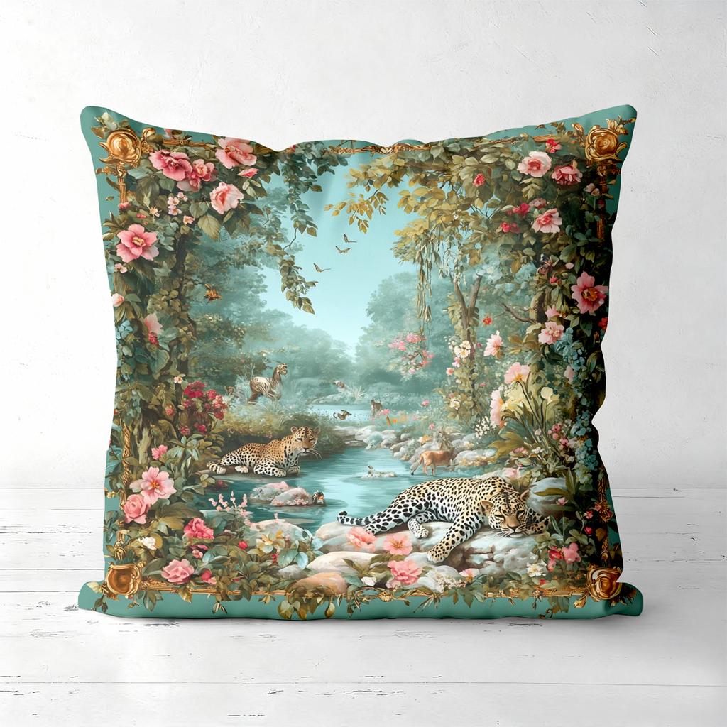 Vintage Floral Leopard Throw Pillow Covers for Home Decor Polyester Sofa Cushion Cov Headboard Pillow (Without Pillow Core