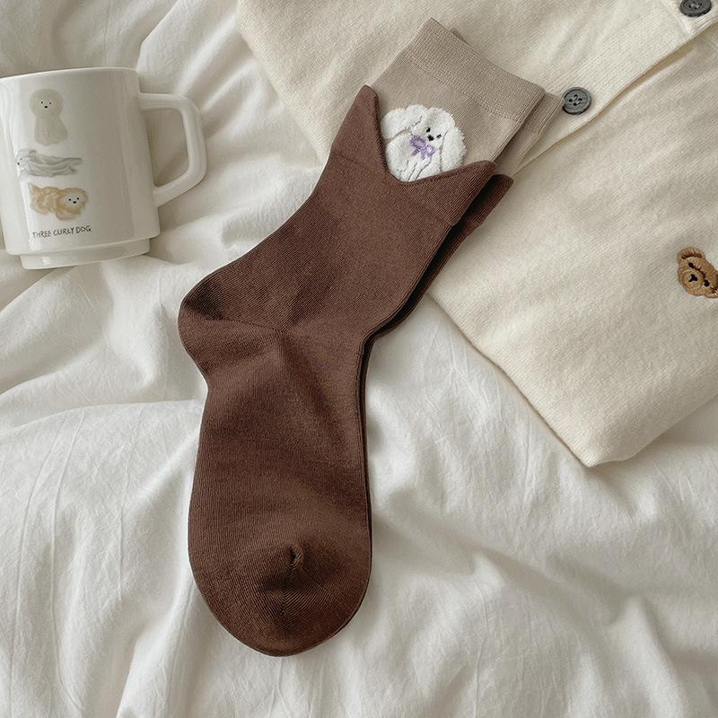 Velvet Cartoon Animal Socks for Women, Autumn Patchwork Fake Two Mid-calf Socks In Contrasting Colors, Boneless Pile Socks