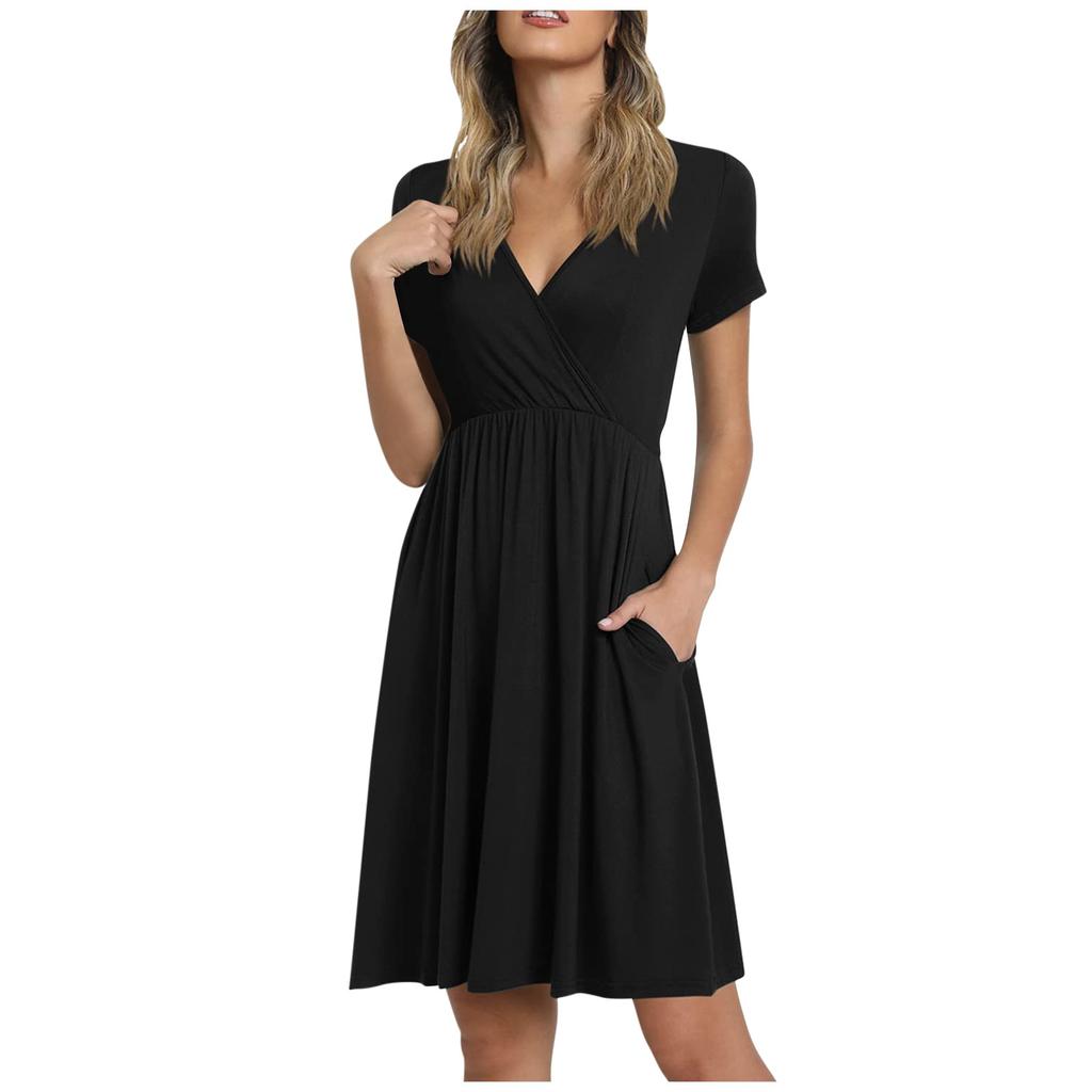 Women's Ladies Summer Casual Loose Color V-Neck Short Sleeve Dress