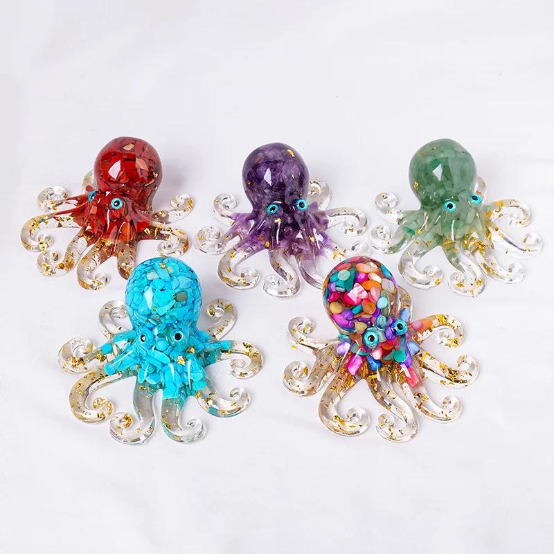 Natural Crystal Gravel Miniature Octopus Statue Chinese Lucky Feng Shui Ornament Resin Squid Home Tabletop Landscape Ornaments