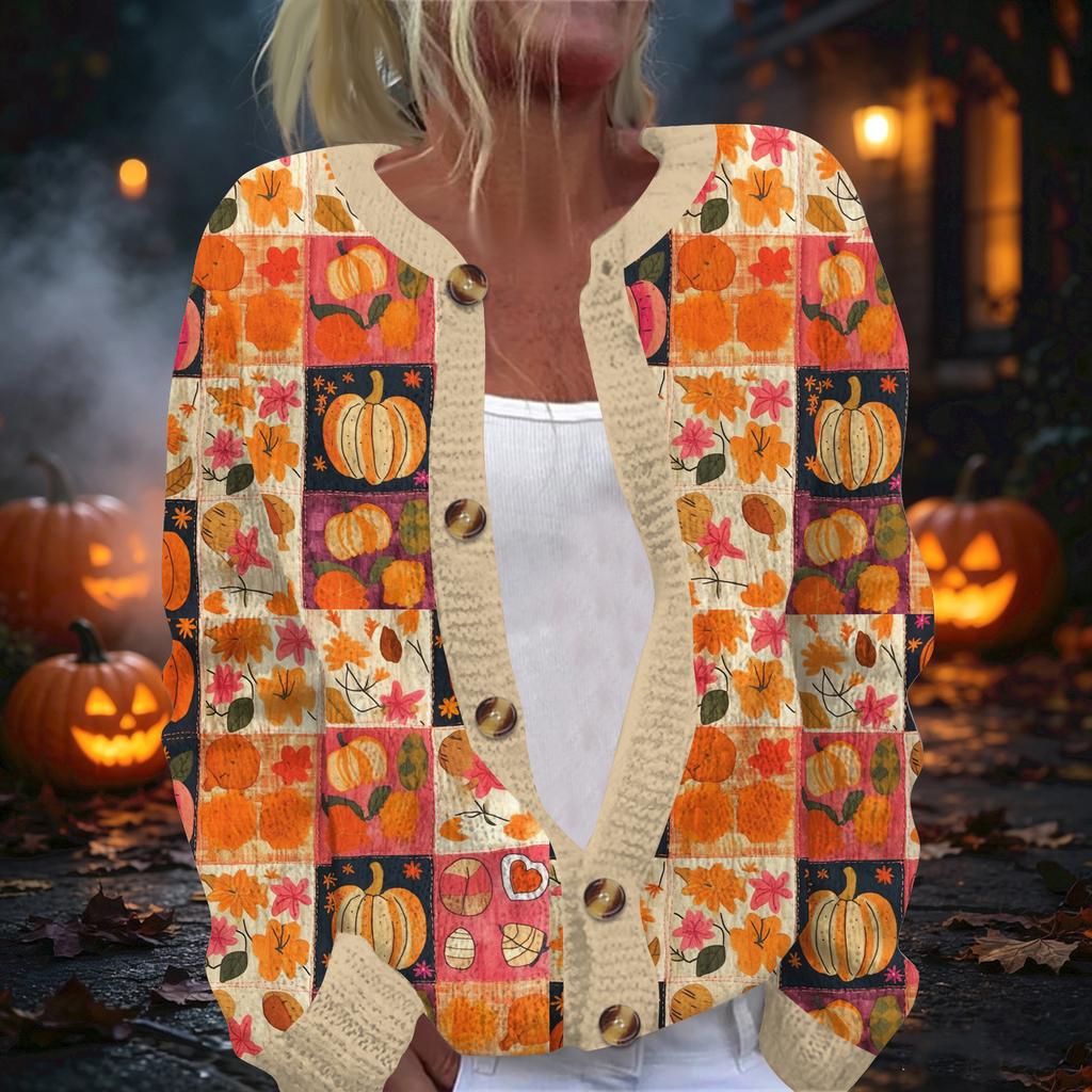 Women's Halloween Print Long Sleeve Knit Cardigan Button Front Sweater for Fall Outfits