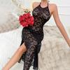 Sexy Camisón Negro de Encaje Halter Espalda Descubierta Abertura Alta Corte Ajustado Agradable a la Piel Vestido Largo 786 Ropa de Dormir Audaz Sofisticada con una Dramática Abertura Alta