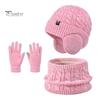 Girls Winter Warmth Set 3Pcs/Set Kids Hat Scarf Gloves Solid Color Twist Texture Fleece And Lining Earflap Touchscreen Neck Warmer Cold Weather