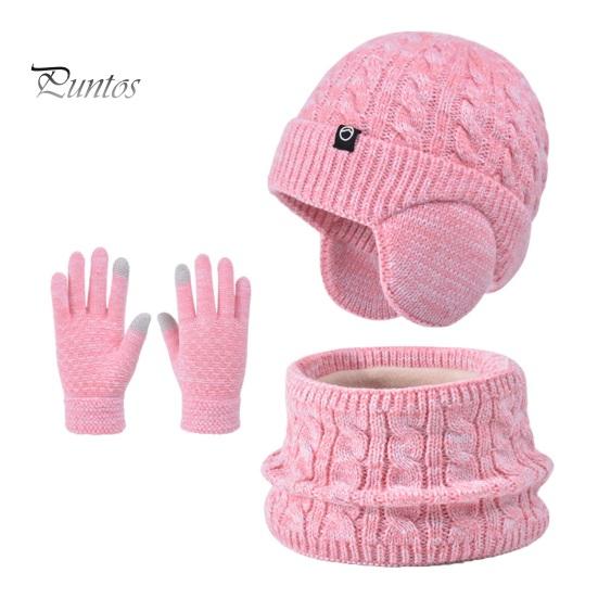 Girls Winter Warmth Set 3Pcs/Set Kids Hat Scarf Gloves Solid Color Twist Texture Fleece And Lining Earflap Touchscreen Neck Warmer Cold Weather